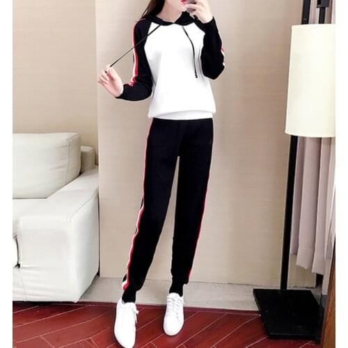 2020 Autumn Runway Women Knit Sweatshirts 2 Piece Set Hooded Patchwork Pullover Tops + Knit Pants Two Piece Set Tracksuit Suit