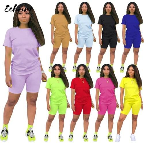 Echoine Women Casual Solid Two Pieces Set Colorful O Neck Short Sleeve Above Knee Length Sporty Tracksuits Plus Size XXL Outfits