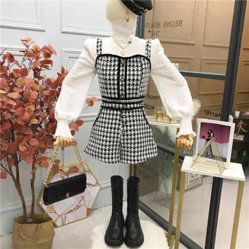Autumn Fashion Korean Vintage Tweed Houndstooth 3 Piece Set Women Outfits Turtleneck White Shirt+Vest Tweed Vest + Shorts Suits