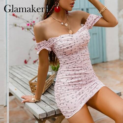 Glamaker Floral printed sexy off shoulder mini dress Summer fashion ruffles party club dress Women bodycon slim elegant vestidos