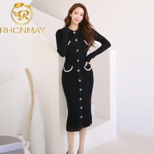 2021 Women Sweater Knitted Dresses Long Sleeve O-Neck Buttons Vintage Fashion Lady Robes Vestidos Elegant Spring Autumnr Holiday