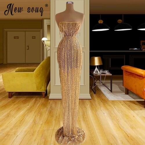Gold Strapless Sequined Evening Dress 2021 Sparkly Crystals Mermaid Tassels Formal Prom Gown vestido de festa