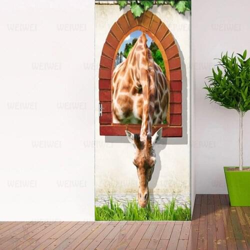 3D Brick Wall Giraffe Door Outside Sticker PVC Waterproof Self-adhesive Living Room Door Mural Wall Sticker Poster Photo