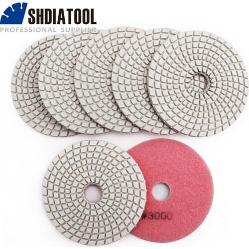 SHDIATOOL 7pcs 4" diamond wet flexible polishing pads B #3000 for granite stone marble 100mm White bond grinding disc