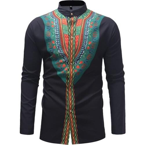 Black African Men Dashiki Print Button Up Shirt Stand Collar Long-Sleeves Autumn White Fashion Cool Tunic Top For Men M-3XL