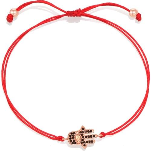 Black Cubic Zirconia Crystal Stones Rose-Gold Plated Hamsa Hand Luck Charm Bracelet Women High Quality CZ Red String Jewelry Her
