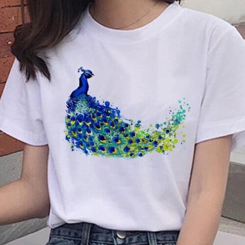 New Summer Beauty peacock Print Womens T Shirt Short Sleeve Casual Cartoon Korean Style Female T-shirt Harajuku O-neck Tops Tee