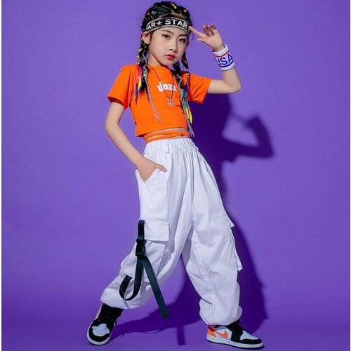 Girls' Jazz Costumes Hip Hop Clothes Crop Tops Loose White Pants Running Casual Ballroom Dance Hiphop Performance Outfits BL5959
