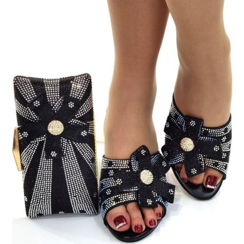 Summer 2021 New Design Elegant Style Nigerian Women Shoes and Bag Set in BlackColor Mature Lady Shoes with Shinning Crysta
