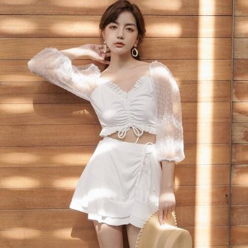 2021 New Korean Bikini Solid Push Up Padded Swimsuit Sexy Long Sleeve Bathing Suit Swimwear Summer Beachwear Skirt