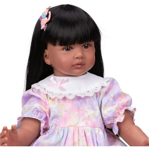 NPK 60CM Reborn Toddler Princess Girl Doll in Dark Tan Skin Soft Body Doll Lifelike Real Touch Cuddly Baby Doll