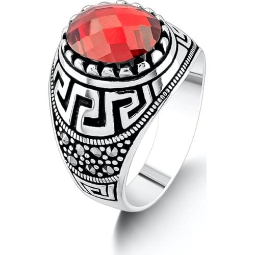 Silver Oval Faceted Red Zircon Gemstone Ring Turkish Men Jewelry Ottoman Ring Solid 925 Sterling Silver