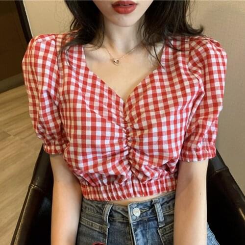 Short Plaid Cropped Shirt Blouse Women Puff Sleeve Sexy V-Neck Summer Tops 2021 New Slim Pullover Woman Clothes Chemisier Femme