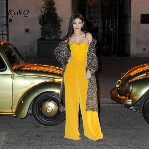 2021 Fashion Week Same Elegant Sexy Yellow Strapless One-Piece Wide Leg Pants Women Party Temperament Jumpsuit Evening Clothing