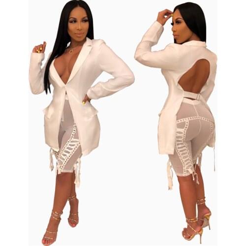 Echoine Casual Sexy V-neck Backless White Blazer Autumn women Vintage women jacket long Black blazers Coat femme