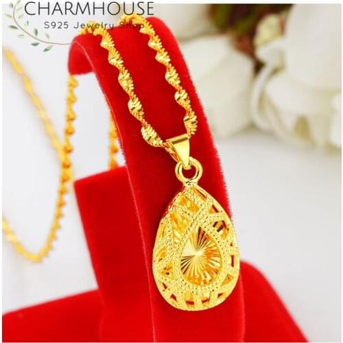 Pure Gold Color Necklaces for Women Waterdrop Pendant Necklace 18inch Chain Collier Female Choker Wedding Bridal Jewelry Gifts