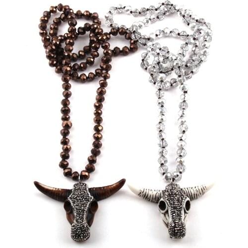 MOODPC Fashion Glass Crystal Long Knotted Handmade Paved Bull Head Charm Pendant Necklace And Women Necklaces
