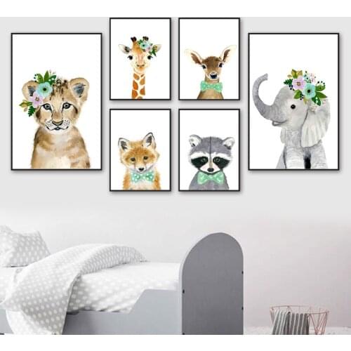 Jungle Animal Lion Giraffe Deer Elephant Raccoon Wall Art Canvas Painting Nordic Posters And Prints Wall Picture Kids Room Decor
