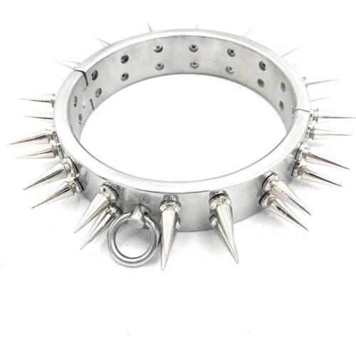 3CM High Two-Row Stab Stimulate Stainless Steel Necklet Neck Ring Metal Collar Restraint Bondage Lock Adult BDSM Sex Toy
