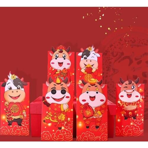 6pcs Cute Cartoon Comic Chinese Zodiac Cattle The Spring Festival Traditional Custom Paper Red Envelopes Money Bag Children Gift
