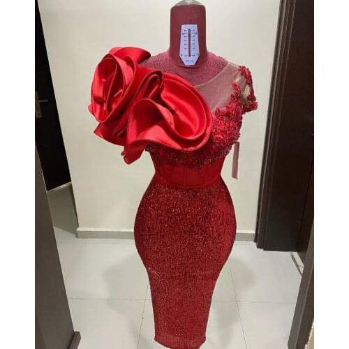 Aso Ebi Red Dresses Ruffled Satin Lace Sequined Evening Dress Mermaid Women Formal Prom Gowns