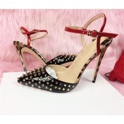 Slingbacks rivet sandals summer women shoes for women pointed toe 12cm high heels 10cm ankle strap black LX004 CHENSIR9