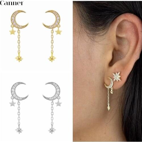 Canner 925 Sterling Silver Stud Earrings For Women Chain Crescent Diamond Zircon Earrings Piercing Jewelry pendientes Aretes W4