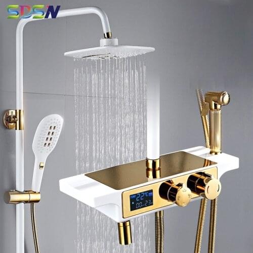 Digital Shower Set SDSN White Gold Bathroom Shower Faucet Thermostatic Bath Shower System Rainfall Bathtub Digital Shower Set