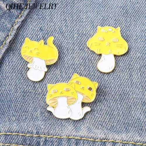 Mushroom Enamel Pin Yellow Cat Kitty Mushroom Metal Brooches Badges for Backpack Bag Hat Girl Boy Gifts