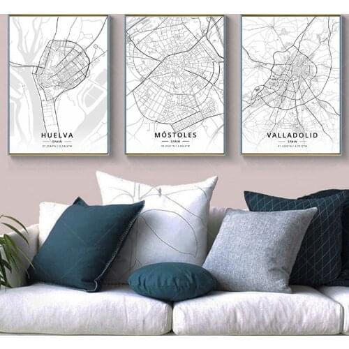 Huelva A Coruna Valladolid Alicante Badajoz Mostoles Spain Map Poster and print canvas painting wall art home decor frame