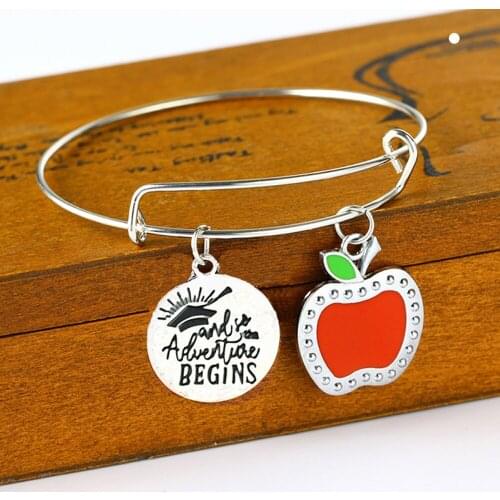 And So The Adventure Begins Red Bachelor Cap Charm Bangle Bracelet School Students Adjustable Bangle Graduation Ceremony Gift
