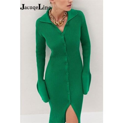Kefira Sexy Bodycon Autumn Winter Women Knitted Sweater Dress 2021 Green Split V Neck Long Sleeve Casual Midi Party Dresses
