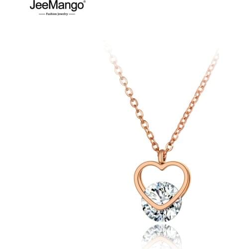 JeeMango Titanium Stainless Steel Rose Gold CZ Crystal Pendant Jewelry Double Love Heart Choker Necklace For Women Gift JN20056