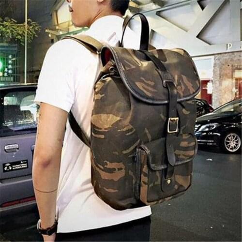 Retro camouflage backpack men and women college student school bag American oil wax water repellent canvas leisure