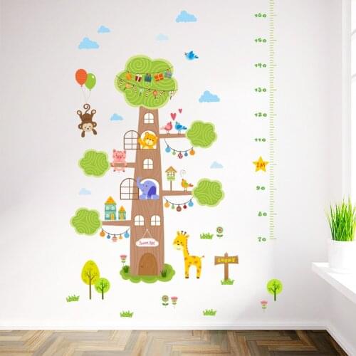 Lovely Animals Big Tree Growth Chart Wall Sticker For Kindergarten Kids Room Home Decor Mural Art Pvc Hight Measure Wall Decal