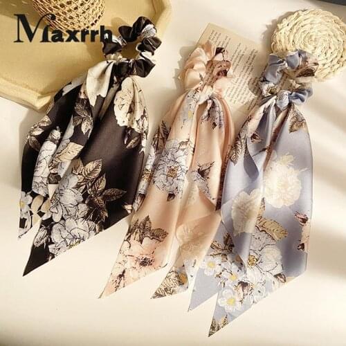 Fashion Flower Printed Retro French Elastic Hair Bands Women Girls Elastic Hair Bands Floral Long Ribbon Hair Accessories