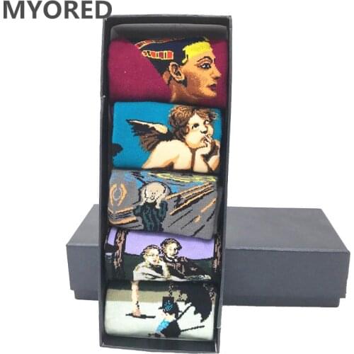 MYORED 5 pair/lot colorful funny dress socks mens painting novelty character crew wedding gift socks dress