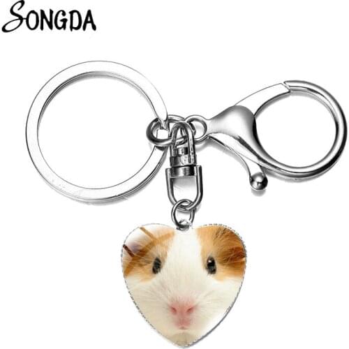 Newest Cute Guinea Pig Printed Keychain Trendy Art Photo Glass Heart Pendant Alloy Keyring Holder for Mens Handcraft Gift