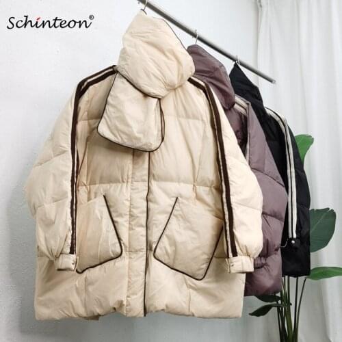 Schinteon Women Scarf White Down Jacket Casual Loose Autumn Winter Warm Short Outwear Student Sport Coat Korean Style Fashion