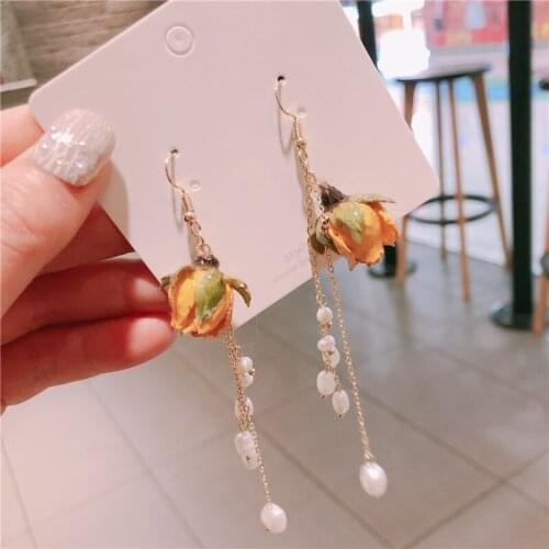 Korean Fashion Crystal Rose Flower Earring Pearl Tassel Dangle Earrings for Women Girls Asymmetry Earring Long Luxulry Jewelry