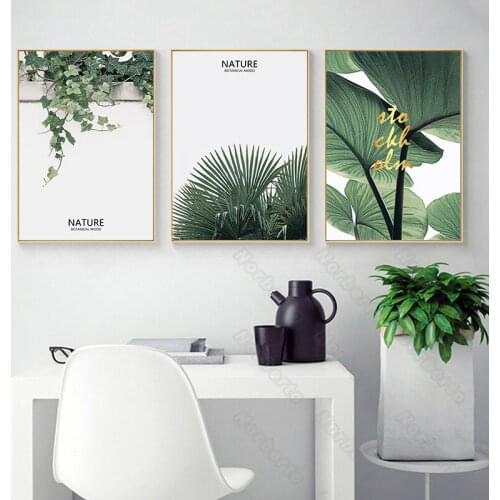 Modern Style Frameless Canvas Painting Poster and Print Tropical Green Plants Leaves Letter Nature for Home Rooms Wall Decoratio