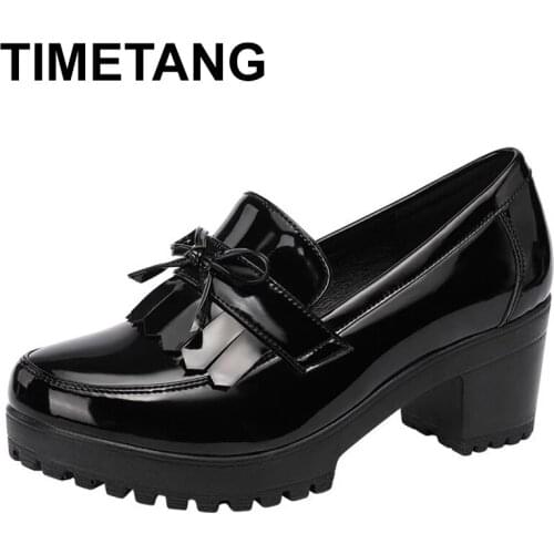 TIMETANGGenuine Leather Womens Shoes Girls' Shoes Fashion Tassel High Heels Pumps Wedges Black Female Thick Bottom PlatformShoe