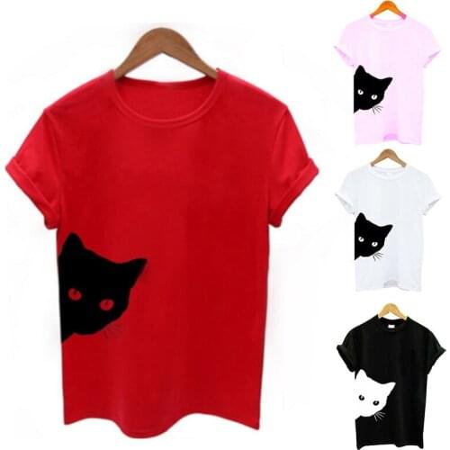 Women Print T-shirts Cats Pattern Round Neck Short Sleeves Slim Fit Tops for Summer TT@88
