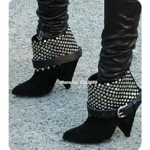 ALMUDENA Women Black Suede Spike Heel Studded Ankle Boots Buckle Strap Silver Rivets Motorcycle Boots Metal Decoration Booties