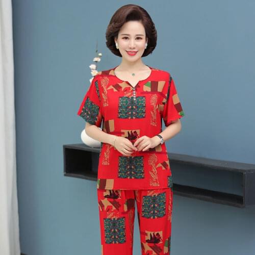 Women 2021 Summer New Fashion Two Piece Sets Female Middle-aged Printed Shirts Ladies Loose Straight Pants Pajamas Suits R73