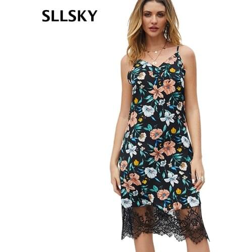 SLLSKY Sexy Lace Patchwork Womens Dress Summer Spaghetti Strap Flower Printted Female Dress Sling Sleeveless Sundress 2021 New