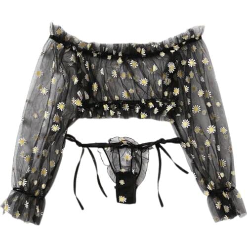 2 Pieces Sexy Lingerie, Female Sunflower Print Boat Neck Long Sleeve Crop Tops+ Panties, Black, S/M/L/XL