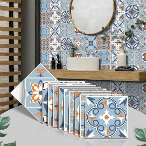 10PCS Wall Stickers Bathroom Decor Kitchen Tiles Waterproof Self-adhesive Retro Pattern Decals Wall Decoration Arabic Style Mura