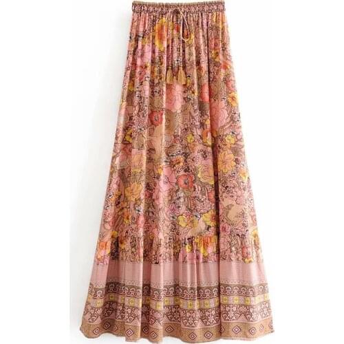 2021 High Waist Women Summer Floral Skirt Boho Long Skirt Elegant Lace-Up Stretch Skirt Women Clothes Faldas Jupe Femme Saia