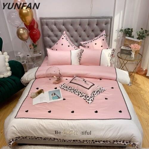 Luxury Embroidery Egyptian cotton Wedding Bedding sets Queen King Duvet cover Bed sheet Pillowcase pink Leopard 4pcs bedclothes
